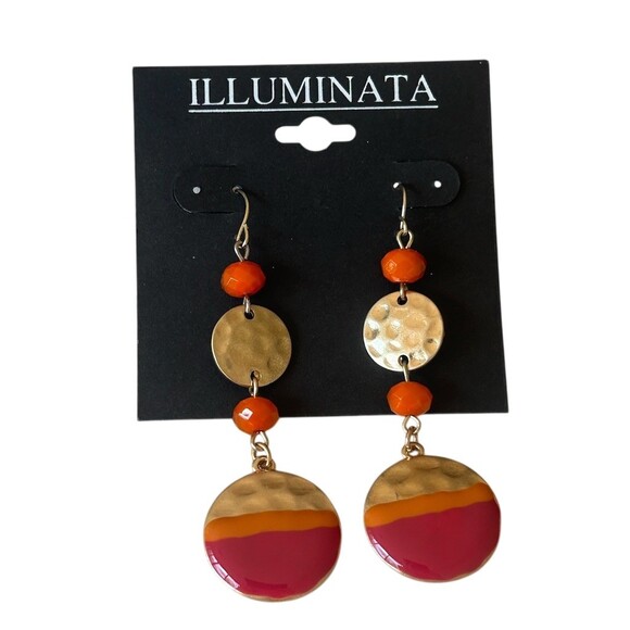 ILLUMINATA Earrings Orange Pink Enamel Beads Hammered Disc Dangle Hook - Picture 4 of 4